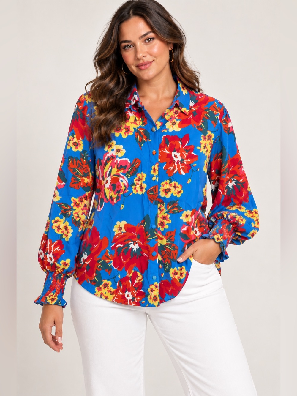 Vibrant Blue Floral Button-Up Women's Blouse